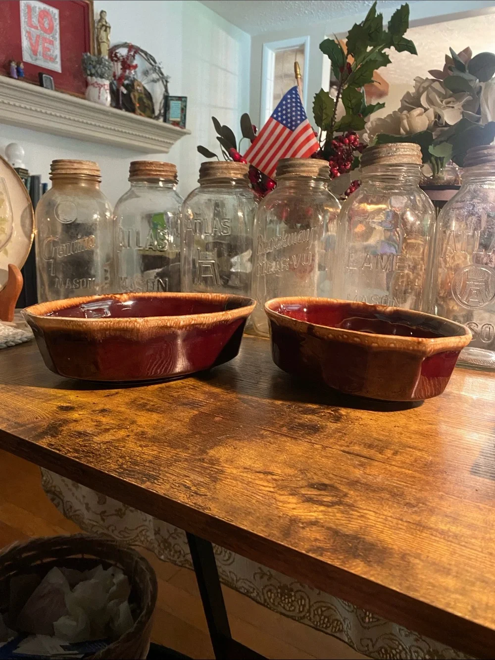 Set of 2 McCoy 7070 USA of proof Ceramic Brown and Deep Red Glazed Bowls